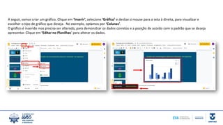 A seguir, vamos criar um gráfico. Clique em ‘Inserir’, selecione ‘Gráfico’ e deslize o mouse para a seta à direita, para visualizar e
escolher o tipo de gráfico que deseja. No exemplo, optamos por ‘Colunas’.
O gráfico é inserido mas precisa ser alterado, para demonstrar os dados corretos e a posição de acordo com o padrão que se deseja
apresentar. Clique em ‘Editar no Planilhas’ para alterar os dados.
 