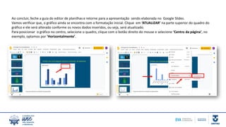 Ao concluir, feche a guia do editor de planilhas e retorne para a apresentação sendo elaborada no Google Slides.
Vamos verificar que, o gráfico ainda se encontra com a formatação inicial. Clique em ‘ATUALIZAR’ na parte superior do quadro do
gráfico e ele será alterado conforme os novos dados inseridos, ou seja, será atualizado.
Para posicionar o gráfico no centro, selecione o quadro, clique com o botão direito do mouse e selecione ‘Centro da página’, no
exemplo, optamos por ‘Horizontalmente’.
 