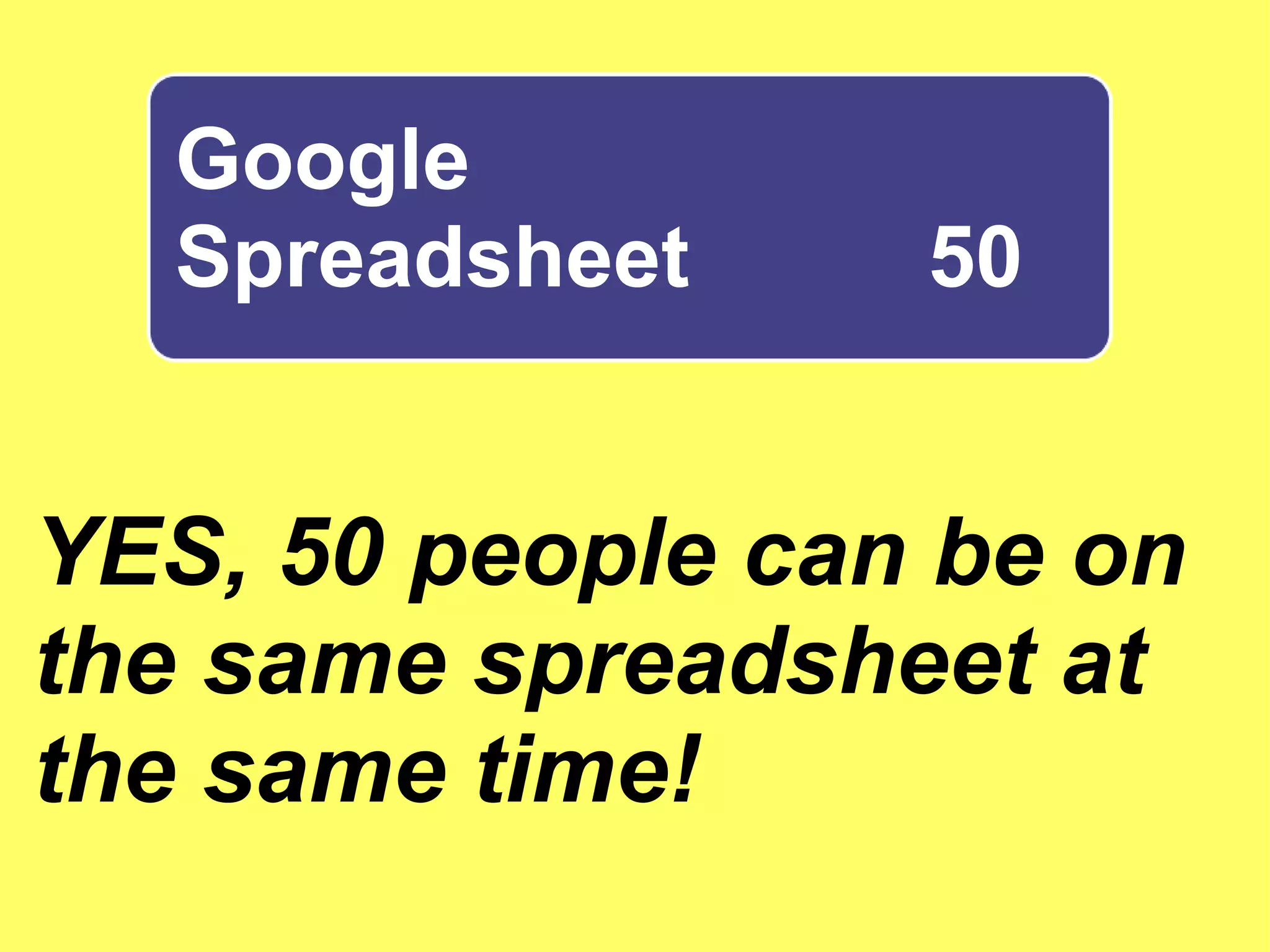 Google  Spreadsheet  50 YES, 50 people can be on the same spreadsheet at the same time! 