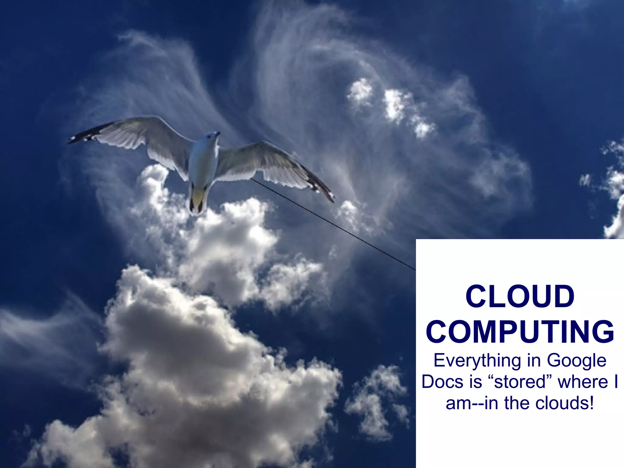 CLOUD COMPUTING Everything in Google Docs is “stored” where I am--in the clouds! 
