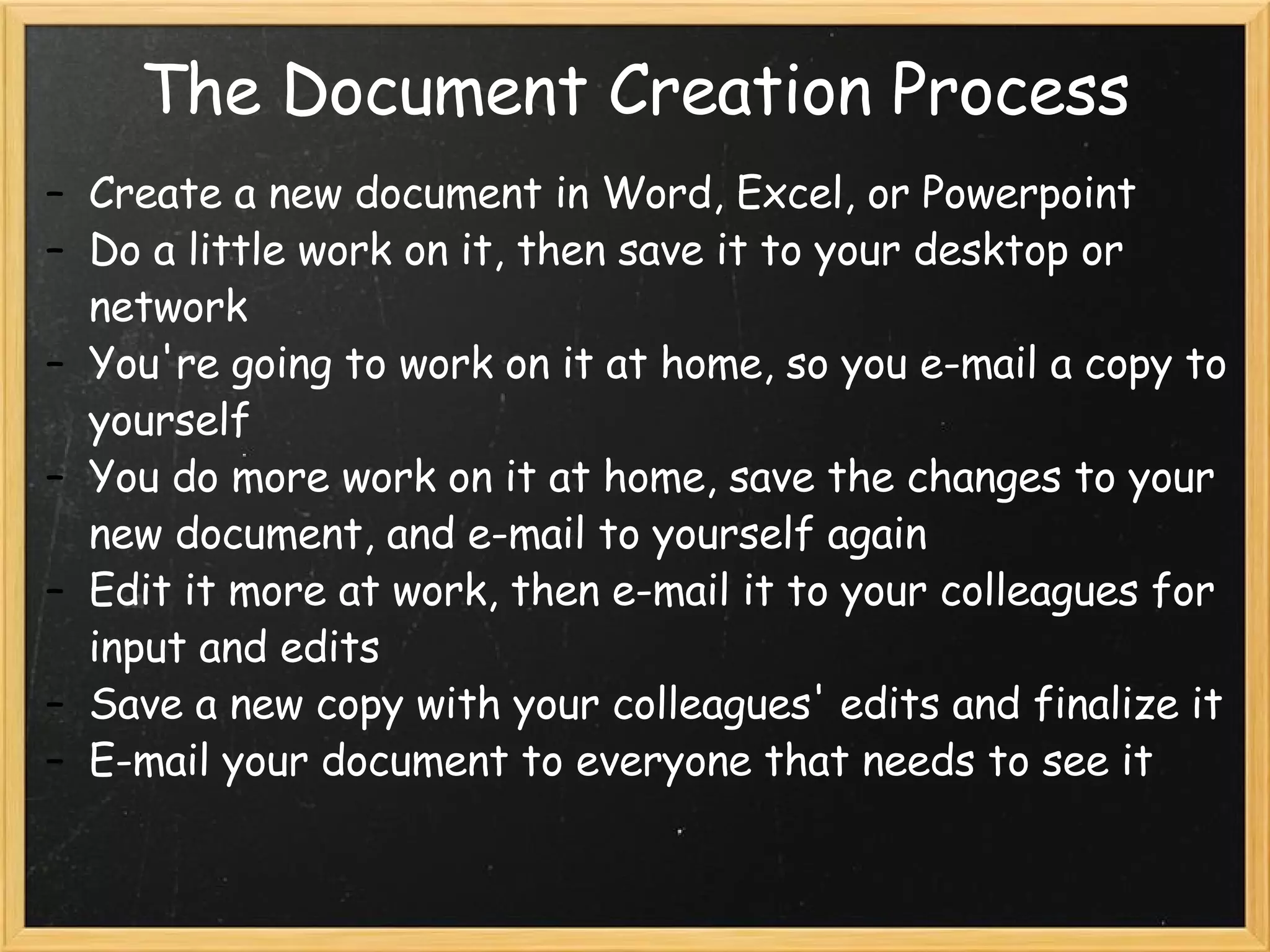 The Document Creation Process Create a new document in Word, Excel, or Powerpoint Do a little work on it, then save it to your desktop or network You're going to work on it at home, so you e-mail a copy to yourself You do more work on it at home, save the changes to your new document, and e-mail to yourself again Edit it more at work, then e-mail it to your colleagues for input and edits Save a new copy with your colleagues' edits and finalize it E-mail your document to everyone that needs to see it 