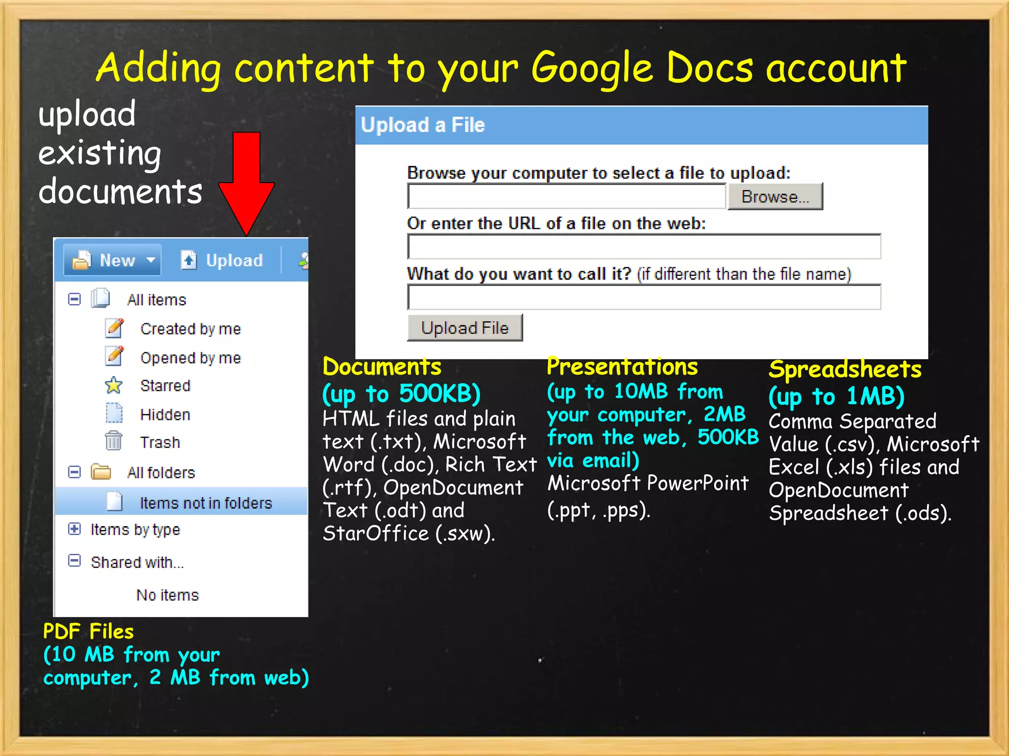 Adding content to your Google Docs account Documents   (up to 500KB) HTML files and plain text (.txt), Microsoft Word (.doc), Rich Text (.rtf), OpenDocument Text (.odt) and StarOffice (.sxw).  Presentations  (up to 10MB from your computer, 2MB from the web, 500KB via email) Microsoft PowerPoint (.ppt, .pps).   Spreadsheets  (up to 1MB) Comma Separated Value (.csv), Microsoft Excel (.xls) files and OpenDocument Spreadsheet (.ods). PDF Files (10 MB from your computer, 2 MB from web) upload existing documents 