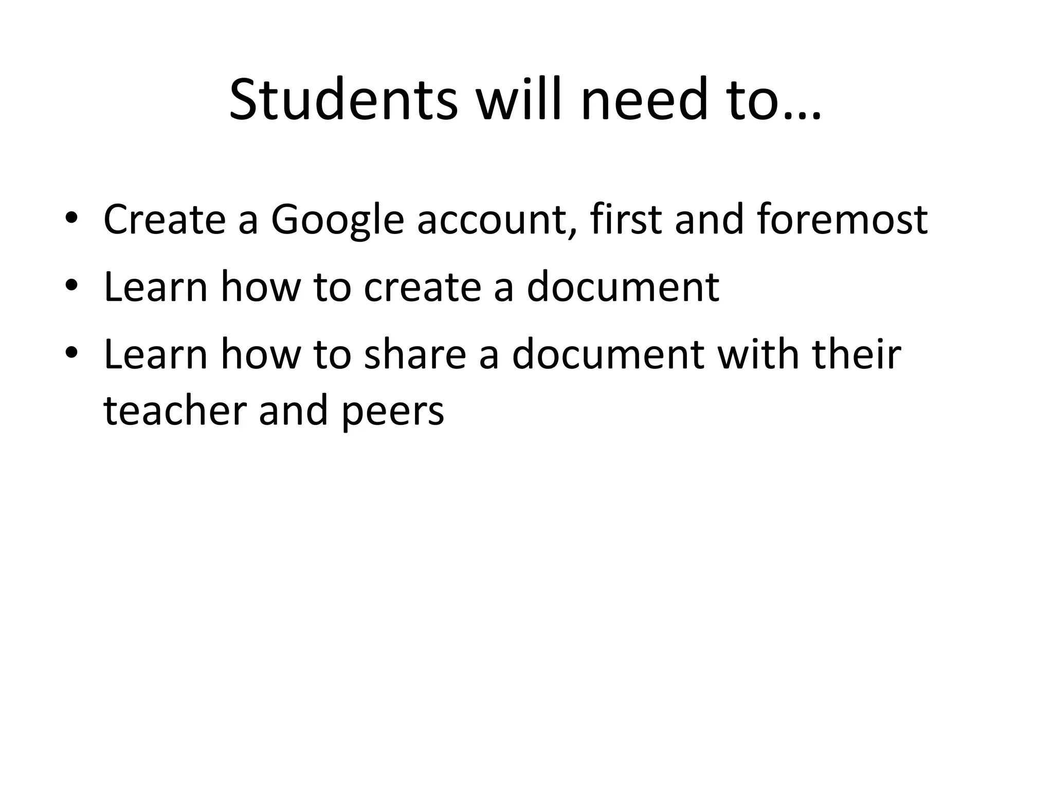 Students will need to…
• Create a Google account, first and foremost
• Learn how to create a document
• Learn how to share a document with their
teacher and peers

 