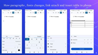 5
How paragraphs , fonts changes, link attach and insert table in phone