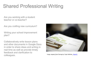 Shared Professional Writing

Are you working with a student
teacher or co-teacher?

Are you crafting new curriculum?

Writing your school improvement
plan?

Collaboratively write lesson plans
and other documents in Google Docs
in order to share ideas and writing in
real time as well as provide timely
feedback and clarification to
                                         Image: adapted_Brain Damage by Taylor McBride_ FlickrCC
colleagues.
 