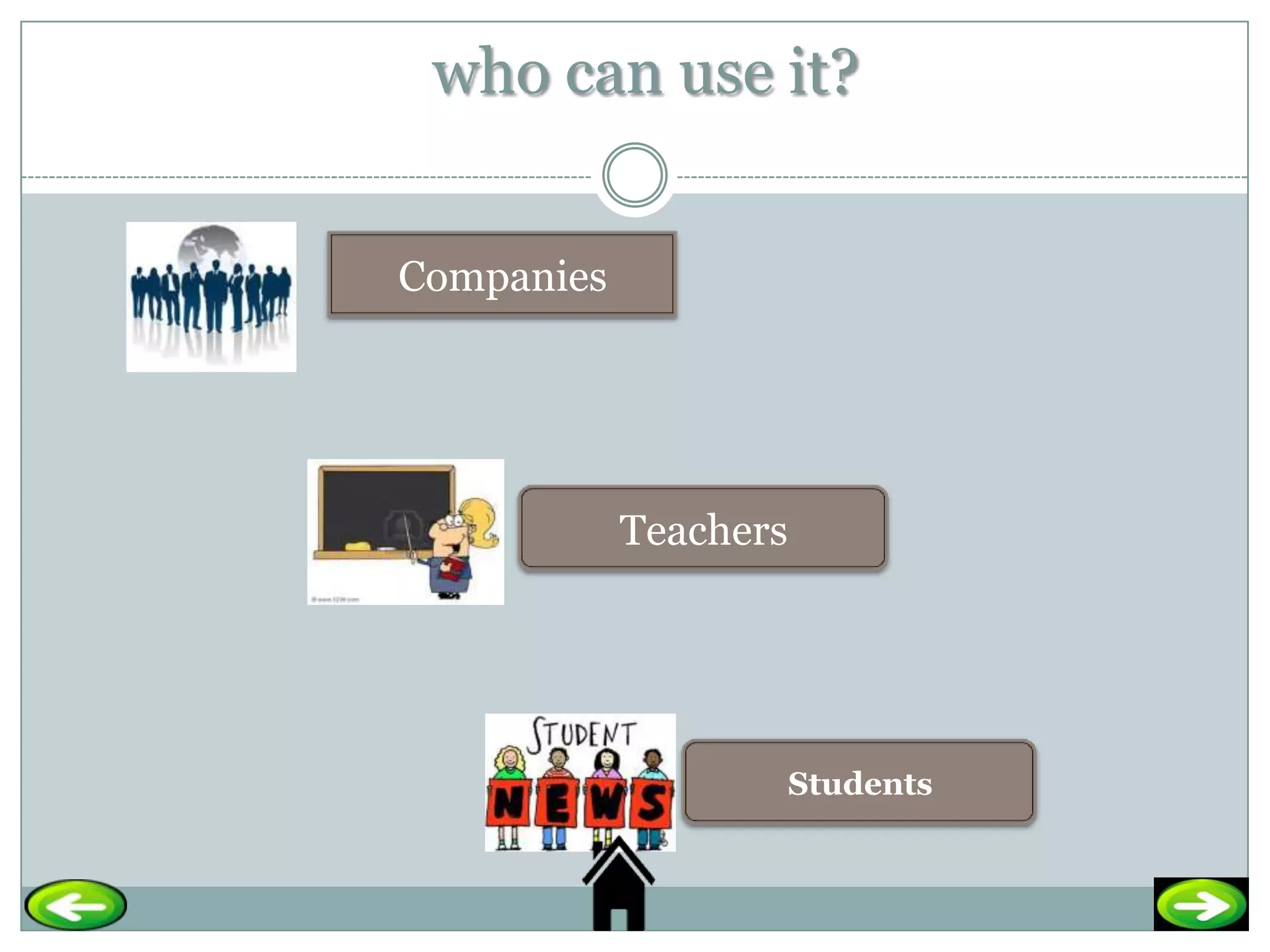 who can use it?


Companies




            Teachers




                       Students
 