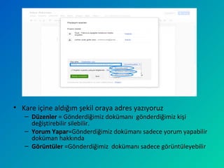 • Kare içine aldığım şekil oraya adres yazıyoruz
– Düzenler = Gönderdiğimiz dokümanı gönderdiğimiz kişi
değiştirebilir silebilir.
– Yorum Yapar=Gönderdiğimiz dokümanı sadece yorum yapabilir
doküman hakkında
– Görüntüler =Gönderdiğimiz dokümanı sadece görüntüleyebilir
 