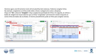Veremos agora uma ferramenta muito útil em planilhas bem extensas. Podemos congelar linhas.
No exemplo, congelamos as linhas onde estão o título e categoria de custos e despesas.
Clique em ‘Ver’, selecione ‘Congelar’ e faça a opção da quantidade de linhas. Em seguida, ao utilizar o
botão de rolagem do mouse observe que as linhas “congeladas” permanecem visíveis enquanto as
outras linhas de dados são ocultadas. O mesmo procedimento pode ser feito para congelar colunas.
 