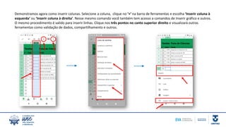 Demonstramos agora como inserir colunas. Selecione a coluna, clique no ‘+’ na barra de ferramentas e escolha ‘Inserir coluna à
esquerda’ ou ‘Inserir coluna à direita’. Nesse mesmo comando você também tem acesso a comandos de Inserir gráfico e outros.
O mesmo procedimento é valido para inserir linhas. Clique nos três pontos no canto superior direito e visualizará outras
ferramentas como validação de dados, compartilhamento e outros.
 