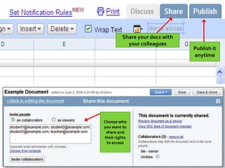 Share your docs with
           your colleagues
                                Publish it
                                anytime




Choose who
you want to
 share and
their rights
 to access
 