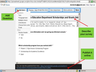 Add
Question




            Describe
           your survey




             Publish it
              online
 