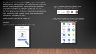 Google has its very own version of Microsoft Office, referred to as Docs (Word),
Sheets (Excel), and Slides (PowerPoint). They operate in the same way that their
Microsoft Office counterparts do, but with the bonus of being permanently
connected to your Google Drive. Any projects that you make with these
applications are stored in your Google Drive and can therefore be accessed from
any device. What's more, you can share your projects with other Google Chrome
users, allowing them to edit, comment, or revise, as well as organizing it all
conveniently in your Google Drive folders.
It's easy, it's handy, and it's what we CDPeeps use.
Let's begin!
Login to your Google account and hit the blue Sign In button.
Once in, click the little cluster of squares to the
left of your icon in the upper right corner.
This will bring up a drop down menu. On the third row down you will
find the blue, green, and yellow papers that denote Docs, Sheets, and
Slides. Click on the blue paper for Docs.
 