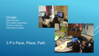 3 P’s Pace, Place, Path
Google:
Math Quizzes
ELA station responses
Writers workshop
Instructional videos
 