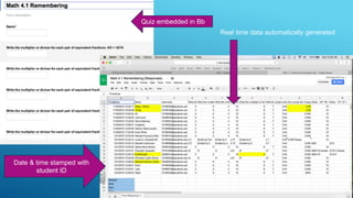 Quiz embedded in Bb
Real time data automatically generated
Date & time stamped with
student ID
 