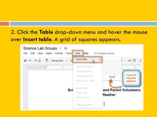 2. Click the Table drop-down menu and hover the mouse
over Insert table. A grid of squares appears.
 