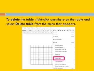 To delete the table, right-click anywhere on the table and
select Delete table from the menu that appears.
 