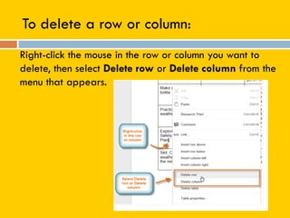 To delete a row or column:
Right-click the mouse in the row or column you want to
delete, then select Delete row or Delete column from the
menu that appears.
 