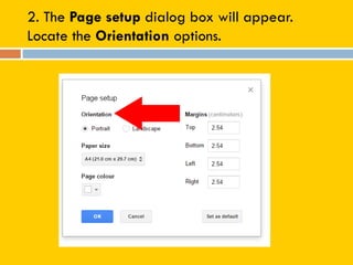 2. The Page setup dialog box will appear.
Locate the Orientation options.
 
