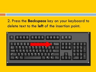 2. Press the Backspace key on your keyboard to
delete text to the left of the insertion point.
 