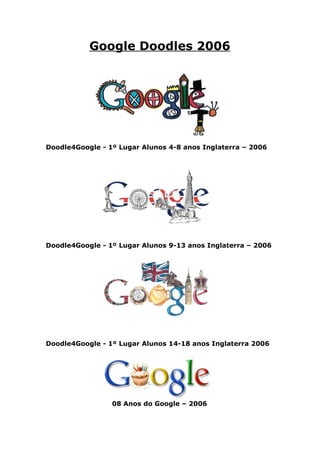 Google Doodles 2006




Doodle4Google - 1º Lugar Alunos 4-8 anos Inglaterra – 2006




Doodle4Google - 1º Lugar Alunos 9-13 anos Inglaterra – 2006




Doodle4Google - 1º Lugar Alunos 14-18 anos Inglaterra 2006




                 08 Anos do Google – 2006
 