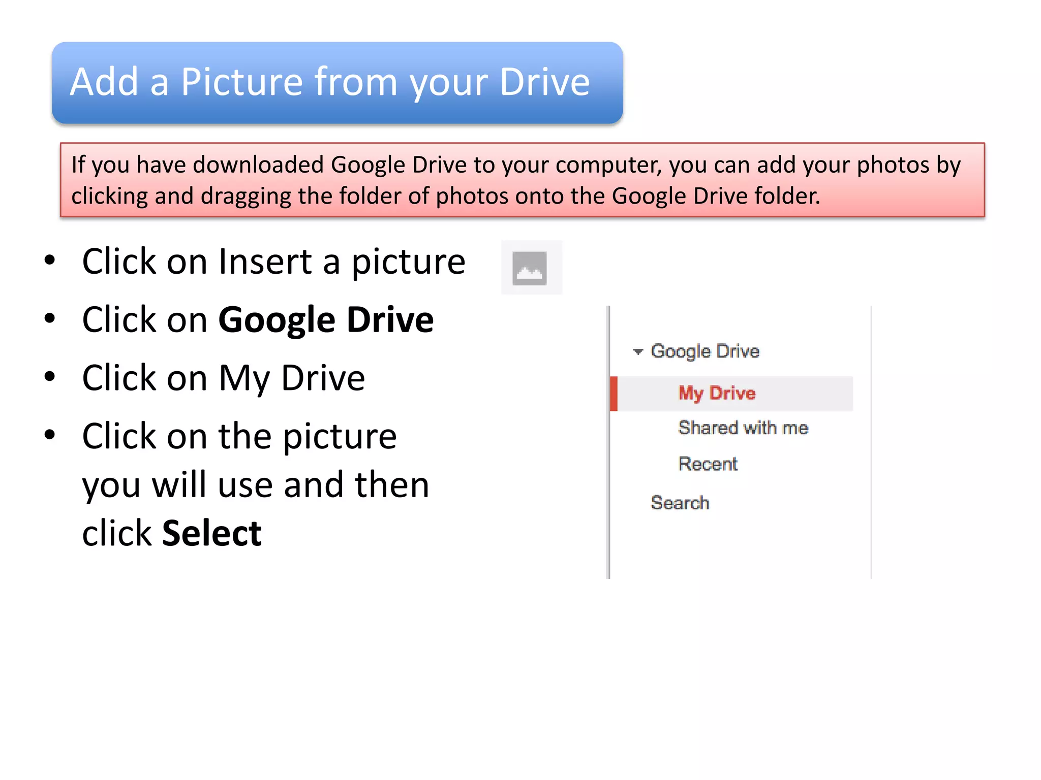 Add a Picture from your album
If you have a blog and you have uploaded photos to it then you have access to them

• Click on Insert a picture
• Click on a folder of
  photos
• Click on the picture
  you will use and then
  click Select
 