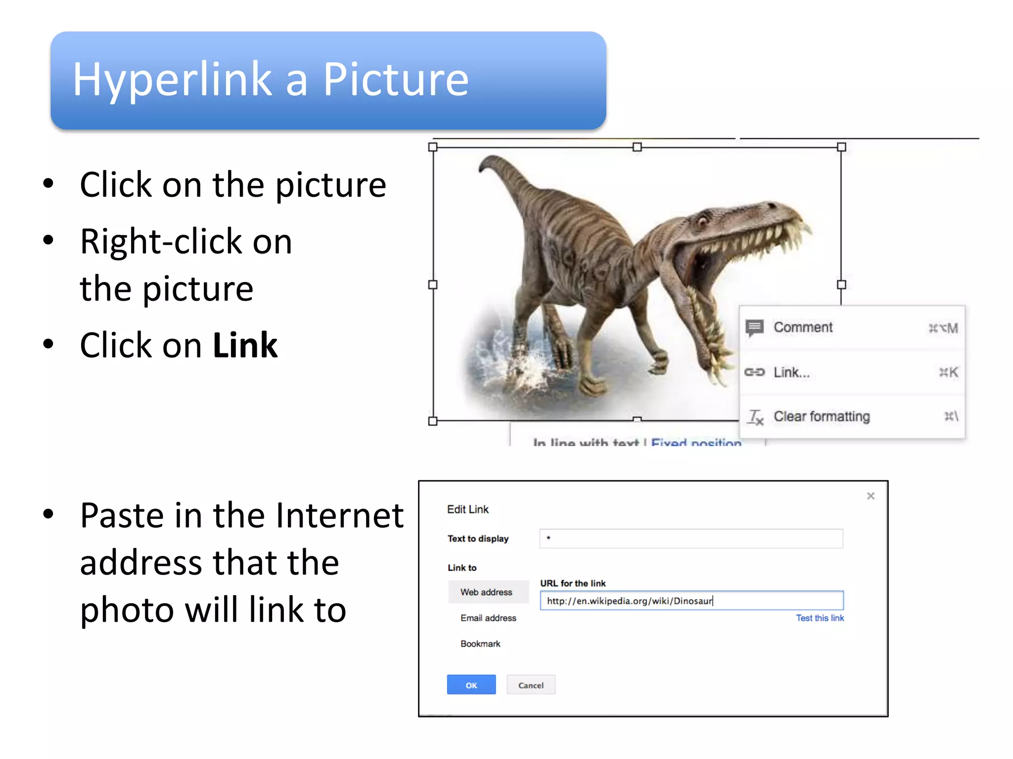 Add a Picture using Research
 One of the new features of Google is the Reference tool. Go
 to Tools - Research

• Type in the research term
• Click on the scroll arrow to
  see more graphics
• Click and drag the picture of
  your choice onto the Google
  Doc
 