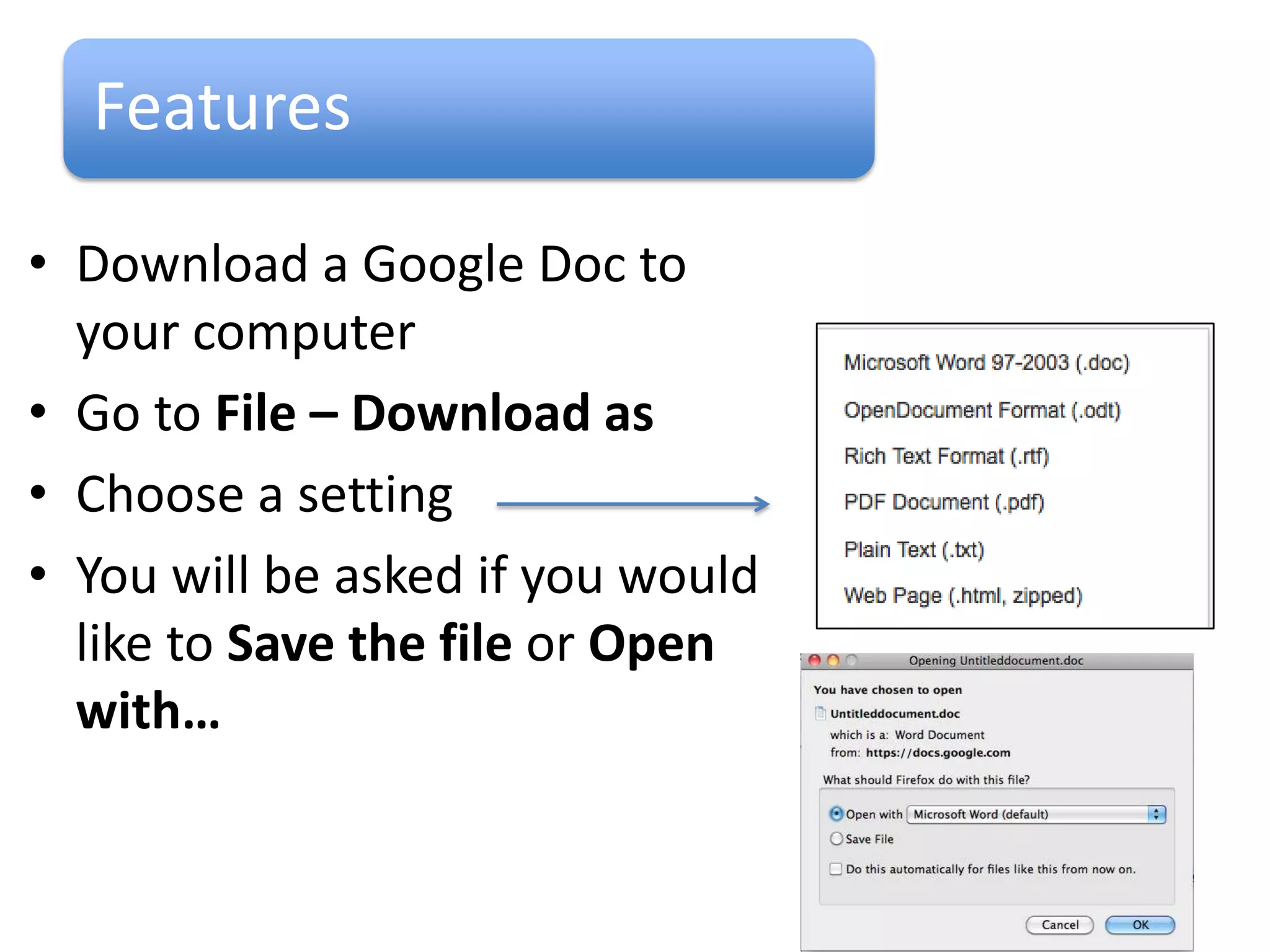 Features

• Save a copy of a file by going to File – Make a
  Copy, you can make copies of files that
  other people have allowed you
  access to
• Look at previous versions
  by going to
  File – See
  Revision History
 