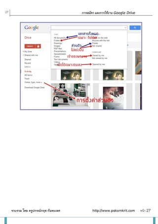 27                                                               การสมัคร และการใช้งาน Google Drive




                                              ส่ วนรายการนี้เป็ นการตั้งค่าความปลอดภัย
                                         หรื อความเป็ นส่ วนตัวของ google drive
                                                     เลือกรายการได้ตามต้องการ
                                       ให้ click เครื่ องหมายถูกข้างหน้าไฟล์ที่ตองการก่อน
                                                                                  ้




     รวบรวม โดย ครูปกรณ์กฤช กันทะเลศ                                          http://www.pakornkrit.com   หน้า 27
 