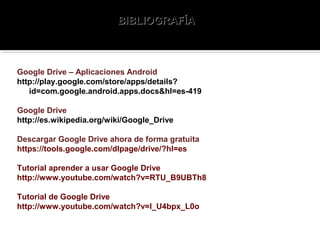 BIBLIOGRAFÍABIBLIOGRAFÍA
Google Drive – Aplicaciones Android
http://play.google.com/store/apps/details?
id=com.google.android.apps.docs&hl=es-419
Google Drive
http://es.wikipedia.org/wiki/Google_Drive
Descargar Google Drive ahora de forma gratuita
https://tools.google.com/dlpage/drive/?hl=es
Tutorial aprender a usar Google Drive
http://www.youtube.com/watch?v=RTU_B9UBTh8
Tutorial de Google Drive
http://www.youtube.com/watch?v=I_U4bpx_L0o
 