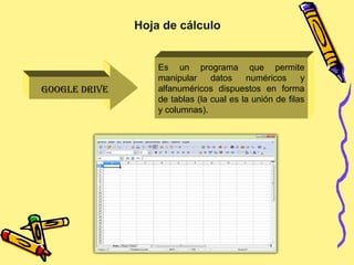 GOOGLE DRIVE
Es un programa que permite
manipular datos numéricos y
alfanuméricos dispuestos en forma
de tablas (la cual es la unión de filas
y columnas).
Hoja de cálculo
 