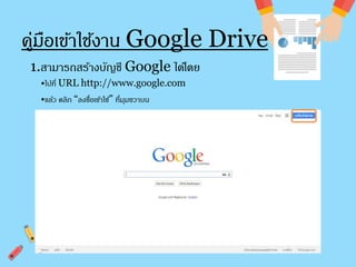 คู่มอืเขา้ใช้งาน Google Drive 
1.สามารถสร้างบัญชี Google ได้โดย 
•ไปที่ URL http://www.google.com 
•แล้ว คลิก “ลงชอื่เขา้ใช้” ที่มุมขวาบน 
 