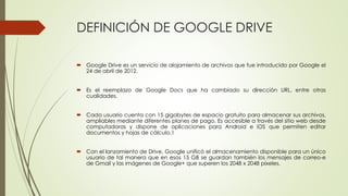 DEFINICIÓN DE GOOGLE DRIVE
 Google Drive es un servicio de alojamiento de archivos que fue introducido por Google el
24 de abril de 2012.
 Es el reemplazo de Google Docs que ha cambiado su dirección URL, entre otras
cualidades.
 Cada usuario cuenta con 15 gigabytes de espacio gratuito para almacenar sus archivos,
ampliables mediante diferentes planes de pago. Es accesible a través del sitio web desde
computadoras y dispone de aplicaciones para Android e iOS que permiten editar
documentos y hojas de cálculo.1
 Con el lanzamiento de Drive, Google unificó el almacenamiento disponible para un único
usuario de tal manera que en esos 15 GB se guardan también los mensajes de correo-e
de Gmail y las imágenes de Google+ que superen los 2048 x 2048 píxeles.
 