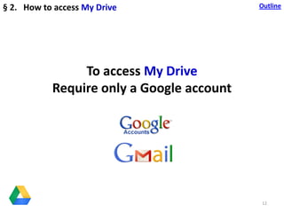 To access My Drive
Require only a Google account
12
§ 2. How to access My Drive Outline
 