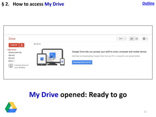 My Drive opened: Ready to go
21
§ 2. How to access My Drive Outline
 
