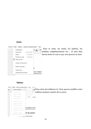 Outils
  Pour   le   reste,   les   outils,   les   tableau,   les 
modules   complémentaires   etc.…   Il   vaut   bien 
mieux tester et voir ce que vous pouvez en tirer.
Tableau
Vous créer des tableaux ici. Vous pouvez modifier votre 
tableau existant à partir de ce menu.
10
 