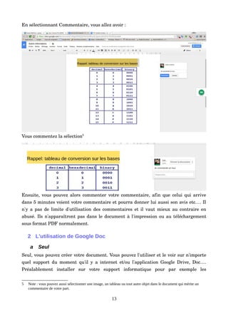 En sélectionnant Commentaire, vous allez avoir :
Vous commentez la sélection5
Ensuite, vous pouvez alors commenter votre commentaire, afin que celui qui arrive 
dans 5 minutes voient votre commentaire et pourra donner lui aussi son avis etc.… Il 
n'y a pas de limite d'utilisation des commentaires et il vaut mieux au contraire en 
abusé. Ils n'apparaîtront pas dans le document à l'impression ou au téléchargement 
sous format PDF normalement.
2 L'utilisation de Google Doc
a Seul
Seul, vous pouvez créer votre document. Vous pouvez l'utiliser et le voir sur n'importe 
quel support du moment qu'il y a internet et/ou l'application Google Drive, Doc…. 
Préalablement   installer   sur   votre   support   informatique   pour   par   exemple   les 
5 Note : vous pouvez aussi sélectionner une image, un tableau ou tout autre objet dans le document qui mérite un
commentaire de votre part.
13
 