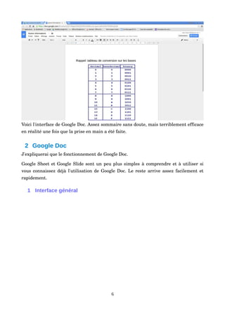Voici l'interface de Google Doc. Assez sommaire sans doute, mais terriblement efficace 
en réalité une fois que la prise en main a été faite.
2 Google Doc
J'expliquerai que le fonctionnement de Google Doc.
Google Sheet et Google Slide sont un peu plus simples à comprendre et à utiliser si 
vous connaissez déjà l'utilisation de Google Doc. Le reste arrive assez facilement et 
rapidement.
1 Interface général
6
 