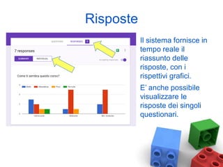 Risposte
Il sistema fornisce in
tempo reale il
riassunto delle
risposte, con i
rispettivi grafici.
E’ anche possibile
visualizzare le
risposte dei singoli
questionari.
 