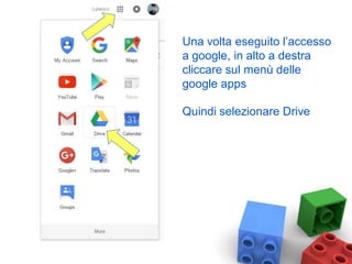 Una volta eseguito l’accesso
a google, in alto a destra
cliccare sul menù delle
google apps
Quindi selezionare Drive
 