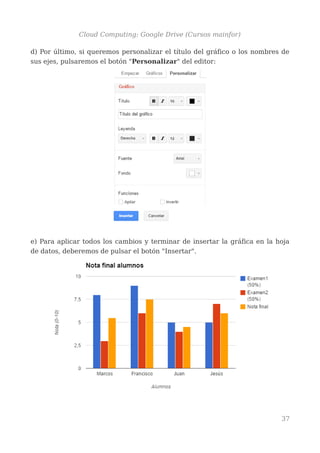 Cloud Computing: Google Drive (Cursos mainfor)
d) Por último, si queremos personalizar el título del gráfico o los nombres de
sus ejes, pulsaremos el botón "Personalizar" del editor:
e) Para aplicar todos los cambios y terminar de insertar la gráfica en la hoja
de datos, deberemos de pulsar el botón "Insertar".
37
 