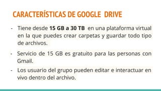 CARACTERÍSTICAS DE GOOGLE DRIVE
- Tiene desde 15 GB a 30 TB en una plataforma virtual
en la que puedes crear carpetas y guardar todo tipo
de archivos.
- Los usuario del grupo pueden editar e interactuar en
vivo dentro del archivo.
- Servicio de 15 GB es gratuito para las personas con
Gmail.
 