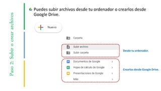 Paso2:Subirocreararchivos Puedes subir archivos desde tu ordenador o crearlos desde
Google Drive.
Desde tu ordenador.
Crearlos desde Google Drive.
 