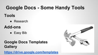 Google Docs - Some Handy Tools 
Tools 
● Research 
Add-ons 
● Easy Bib 
Google Docs Templates 
Gallery 
https://drive.goog...