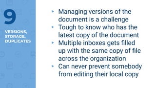 VERSIONS,
STORAGE,
DUPLiCATES
▸ Managing versions of the
document is a challenge
▸ Tough to know who has the
latest copy of the document
▸ Multiple inboxes gets ﬁlled
up with the same copy of ﬁle
across the organization
▸ Can never prevent somebody
from editing their local copy
9
 