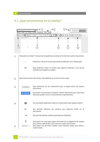 19 OFICINA MÓVIL - Manual de uso avanzado de la aplicación Google drive
4 Documentos
4.1. ¿Qué encontramos en la interfaz?
1 “Documento sin título”: Si hacemos clic podremos cambiar el nombre de nuestro documento.
Podremos marcar el archivo que estamos editando como “destacado”.
Aquí podemos mover el archivo que estamos editando a una de las
carpetas que tengamos creadas.
2 Aquí vemos la barra de menús, más adelante se mostrará como usarla
3 Aquí podremos ver los comentarios que se hayan hecho de nuestro
documento.
Este botón nos permitirá compartir nuestro documento para que otras
personas puedan verlo o incluso editarlo conjuntamente.
4 Con este botón podremos imprimir el documento que hayamos hecho.
Nos permite deshacer los cambios que hayamos hecho en el
documento.
Nos permite rehacer cambios que hayamos deshecho.
Este botón nos sirve para copiar el formato de un segmento de nuestro
documento y aplicárselo a otro texto de nuestro documento.
5 Este botón nos permitirá cambiar entre distintos estilos para darle a
nuestro texto.
 
