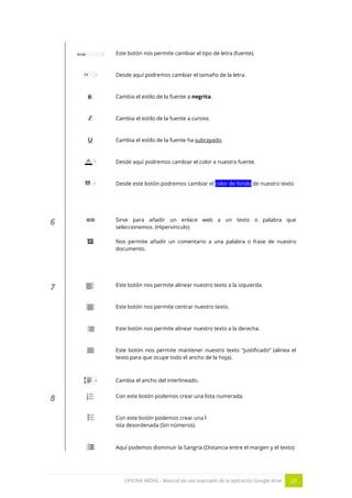 OFICINA MÓVIL - Manual de uso avanzado de la aplicación Google drive 20
Este botón nos permite cambiar el tipo de letra (fuente).
Desde aquí podremos cambiar el tamaño de la letra.
Cambia el estilo de la fuente a negrita.
Cambia el estilo de la fuente a cursiva.
Cambia el estilo de la fuente ha subrayado.
Desde aquí podremos cambiar el color a nuestra fuente.
Desde este botón podremos cambiar el color de fondo de nuestro texto
6 Sirve para añadir un enlace web a un texto o palabra que
seleccionemos. (Hipervínculo)
Nos permite añadir un comentario a una palabra o frase de nuestro
documento.
7 Este botón nos permite alinear nuestro texto a la izquierda.
Este botón nos permite centrar nuestro texto.
Este botón nos permite alinear nuestro texto a la derecha.
Este botón nos permite mantener nuestro texto “justificado” (alinea el
texto para que ocupe todo el ancho de la hoja).
Cambia el ancho del interlineado.
8 Con este botón podemos crear una lista numerada.
Con este botón podemos crear una l
ista desordenada (Sin números).
Aquí podemos disminuir la Sangría (Distancia entre el margen y el texto)
 