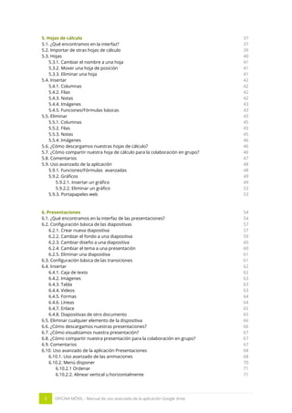 5 OFICINA MÓVIL - Manual de uso avanzado de la aplicación Google drive
5. Hojas de cálculo
5.1. ¿Qué encontramos en la interfaz?
5.2. Importar de otras hojas de cálculo
5.3. Hojas
5.3.1. Cambiar el nombre a una hoja
5.3.2. Mover una hoja de posición
5.3.3. Eliminar una hoja
5.4. Insertar
5.4.1. Columnas
5.4.2. Filas
5.4.3. Notas
5.4.4. Imágenes
5.4.5. Funciones/Fórmulas básicas
5.5. Eliminar
5.5.1. Columnas
5.5.2. Filas
5.5.3. Notas
5.5.4. Imágenes
5.6. ¿Cómo descargamos nuestras hojas de cálculo?
5.7. ¿Cómo compartir nuestra hoja de cálculo para la colaboración en grupo?
5.8. Comentarios
5.9. Uso avanzado de la aplicación
5.9.1. Funciones/Fórmulas avanzadas
5.9.2. Gráficos
5.9.2.1. Insertar un gráfico
5.9.2.2. Eliminar un gráfico
5.9.3. Portapapeles web
6. Presentaciones
6.1. ¿Qué encontramos en la interfaz de las presentaciones?
6.2. Configuración básica de las diapositivas
6.2.1. Crear nueva diapositiva
6.2.2. Cambiar el fondo a una diapositiva
6.2.3. Cambiar diseño a una diapositiva
6.2.4. Cambiar el tema a una presentación
6.2.5. Eliminar una diapositiva
6.3. Configuración básica de las transiciones
6.4. Insertar
6.4.1. Caja de texto
6.4.2. Imágenes
6.4.3. Tabla
6.4.4. Videos
6.4.5. Formas
6.4.6. Líneas
6.4.7. Enlace
6.4.8. Diapositivas de otro documento
6.5. Eliminar cualquier elemento de la dispositiva
6.6. ¿Cómo descargamos nuestras presentaciones?
6.7. ¿Cómo visualizamos nuestra presentación?
6.8. ¿Cómo compartir nuestra presentación para la colaboración en grupo?
6.9. Comentarios
6.10. Uso avanzado de la aplicación Presentaciones
6.10.1. Uso avanzado de las animaciones
6.10.2. Menú disponer
6.10.2.1 Ordenar
6.10.2.2. Alinear vertical u horizontalmente
37
37
39
40
41
41
41
42
42
42
42
43
43
45
45
45
45
46
46
46
47
48
48
49
49
53
53
54
54
57
57
59
60
60
61
61
62
62
63
63
63
64
64
65
65
66
66
67
67
67
68
68
70
71
71
 
