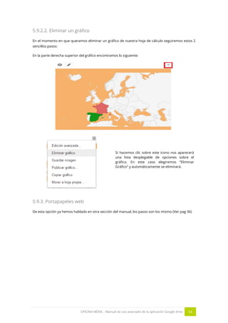 OFICINA MÓVIL - Manual de uso avanzado de la aplicación Google drive 54
5.9.2.2. Eliminar un gráfico
En el momento en que queramos eliminar un gráfico de nuestra hoja de cálculo seguiremos estos 2
sencillos pasos:
En la parte derecha superior del gráfico encontramos lo siguiente:
Si hacemos clic sobre este icono nos aparecerá
una lista desplegable de opciones sobre el
gráfico. En este caso elegiremos “Eliminar
Gráfico” y automáticamente se eliminará.
5.9.3. Portapapeles web
De esta opción ya hemos hablado en otra sección del manual, los pasos son los mismo (Ver pag 36)
 