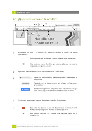 55 OFICINA MÓVIL - Manual de uso avanzado de la aplicación Google drive
6 Presentaciones
6.1. ¿Qué encontramos en la interfaz?
1 “Presentación sin título”: Si hacemos clic podremos cambiar el nombre de nuestra
presentación.
Podremos marcar el archivo que estamos editando como “destacado”.
Aquí podemos mover el archivo que estamos editando a una de las
carpetas que tengamos creadas.
2 Aquí vemos la barra de menús, más adelante se mostrará como usarla
3 Desde este botón podemos previsualizar nuestra presentación de
diapositivas.
Aquí podremos ver los comentarios que se hayan hecho a nuestra
presentación
Este botón nos permitirá compartir nuestra presentación para que
otras personas puedan verla o incluso editarla conjuntamente.
4 En esta parte podemos ver nuestras diapositivas, moverlas, eliminarlas etc.
5 Este botón nos permite añadir más diapositivas si hacemos clic en la
fecha, podemos elegir entre distintos tipos de diapositivas.
Nos permite deshacer los cambios que hayamos hecho en la
presentación
 