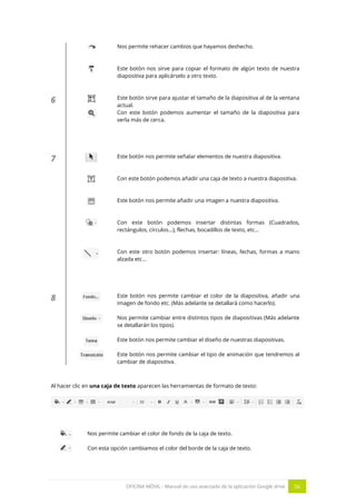 OFICINA MÓVIL - Manual de uso avanzado de la aplicación Google drive 56
Nos permite rehacer cambios que hayamos deshecho.
Este botón nos sirve para copiar el formato de algún texto de nuestra
diapositiva para aplicárselo a otro texto.
6 Este botón sirve para ajustar el tamaño de la diapositiva al de la ventana
actual.
Con este botón podemos aumentar el tamaño de la diapositiva para
verla más de cerca.
7 Este botón nos permite señalar elementos de nuestra diapositiva.
Con este botón podemos añadir una caja de texto a nuestra diapositiva.
Este botón nos permite añadir una imagen a nuestra diapositiva.
Con este botón podemos insertar distintas formas (Cuadrados,
rectángulos, círculos...), flechas, bocadillos de texto, etc...
Con este otro botón podemos insertar: líneas, fechas, formas a mano
alzada etc…
8 Este botón nos permite cambiar el color de la diapositiva, añadir una
imagen de fondo etc. (Más adelante se detallará como hacerlo).
Nos permite cambiar entre distintos tipos de diapositivas (Más adelante
se detallarán los tipos).
Este botón nos permite cambiar el diseño de nuestras diapositivas.
Este botón nos permite cambiar el tipo de animación que tendremos al
cambiar de diapositiva.
Al hacer clic en una caja de texto aparecen las herramientas de formato de texto:
Nos permite cambiar el color de fondo de la caja de texto.
Con esta opción cambiamos el color del borde de la caja de texto.
 